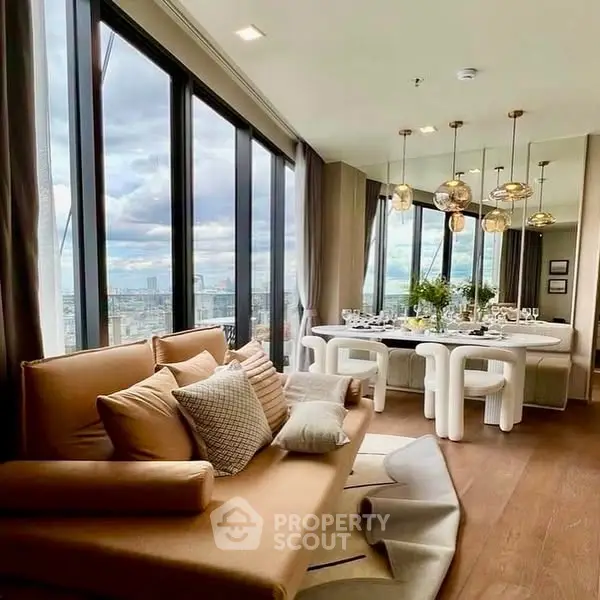 Luxurious living room with panoramic city views and elegant dining area.
