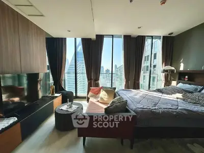Luxurious bedroom with stunning city view and modern decor