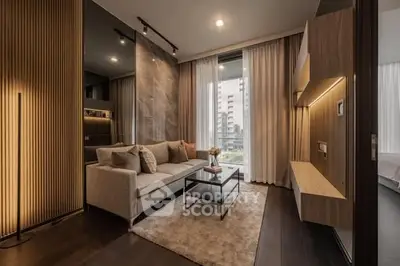 Modern living room with elegant decor and large window view in luxury apartment.