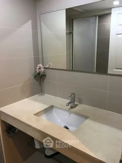 Modern bathroom with sleek sink and large mirror, perfect for contemporary living.