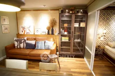 Charming living room with cozy leather sofa and stylish decor