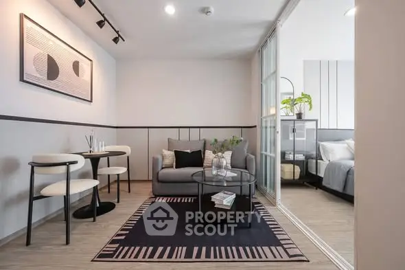 Modern living room with stylish decor and cozy seating area