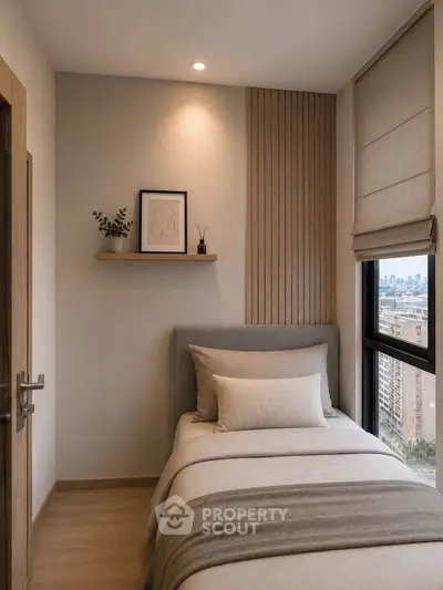 Cozy modern bedroom with city view, featuring minimalist decor and natural light.