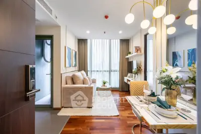 Elegant modern living room with stylish decor and dining area, featuring large windows and wooden flooring.
