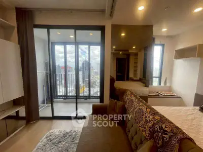 Modern living room with city view balcony in high-rise apartment