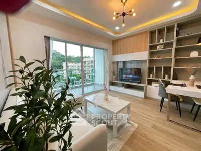 Modern living room with elegant decor and balcony view