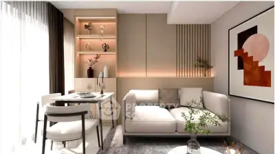 Modern living room with stylish decor and cozy seating area