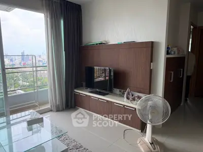 Modern living room with city view and sleek furniture
