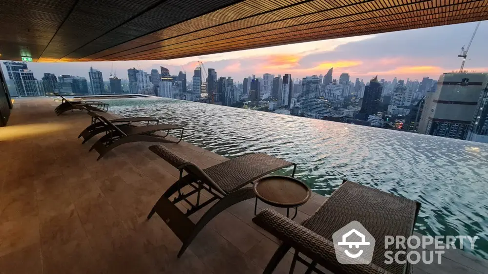 Luxurious rooftop infinity pool with stunning city skyline view at sunset.