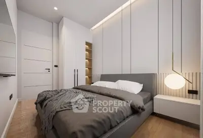 Modern bedroom with sleek design, featuring a cozy bed, stylish lighting, and ample storage space.