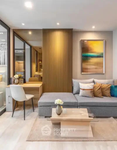 Modern living room with stylish decor and cozy seating area