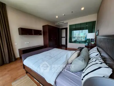 Luxurious bedroom with city view, modern furnishings, and elegant decor