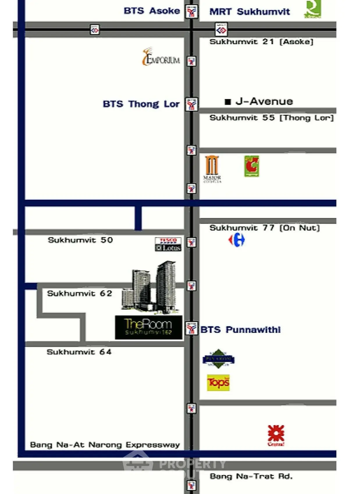 Map showing BTS stations and nearby real estate locations in Bangkok.