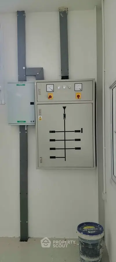 Industrial electrical panel in a utility room, showcasing essential infrastructure for building management.