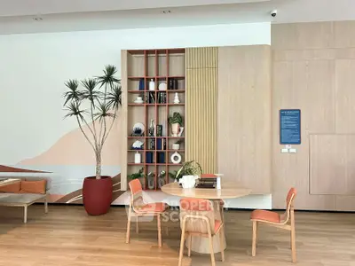 Modern study area with stylish furniture and decorative shelving