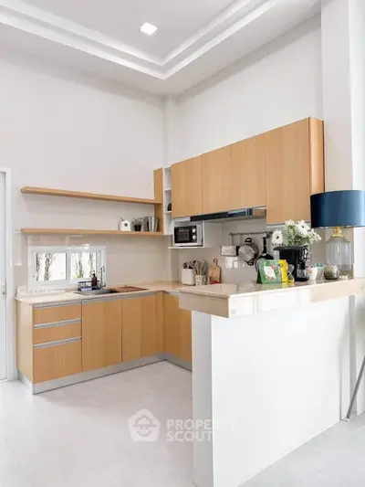 Modern kitchen with sleek cabinetry and open layout, featuring built-in appliances and stylish decor.