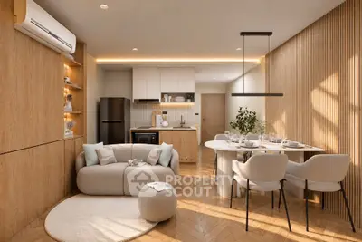 Modern open-plan living room with stylish dining area and sleek kitchen design.
