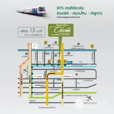 Map showing BTS line and nearby real estate development locations in vibrant city area.