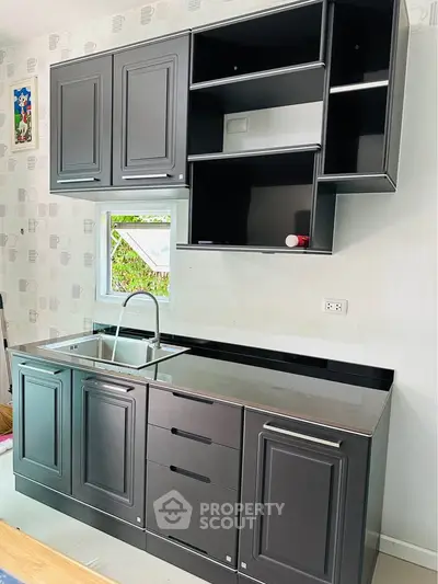 Modern kitchen with sleek black cabinetry and stainless steel sink, perfect for contemporary living.