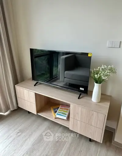 Modern living room with sleek TV stand and stylish decor