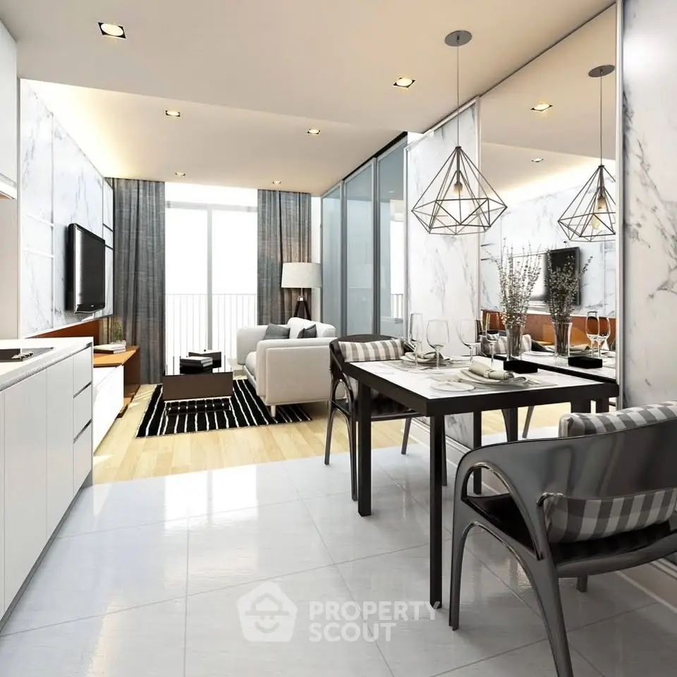 Modern open-plan living room with stylish dining area and elegant decor