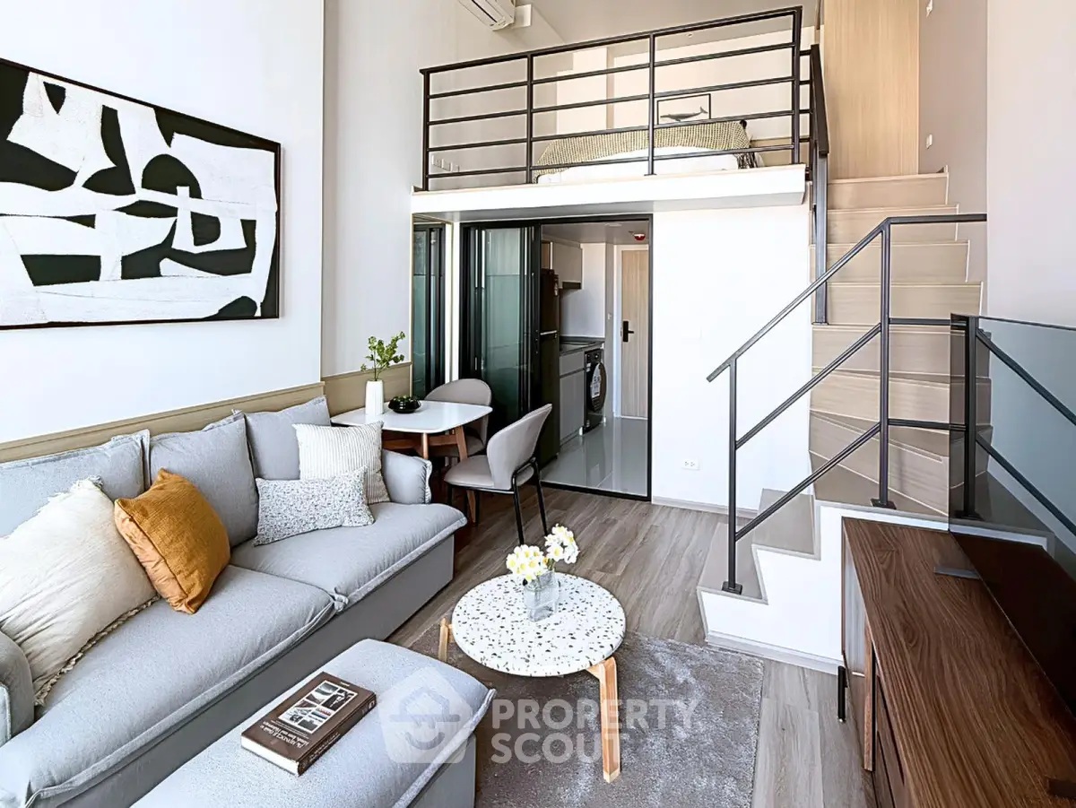 Modern loft apartment with stylish living room and mezzanine bedroom