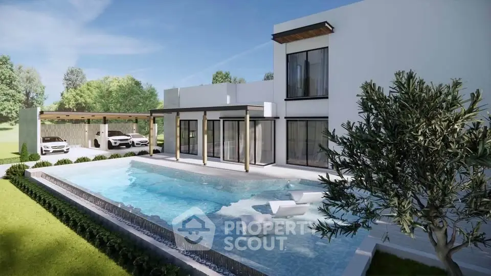 Luxurious modern villa with stunning pool and lush greenery, perfect for upscale living.