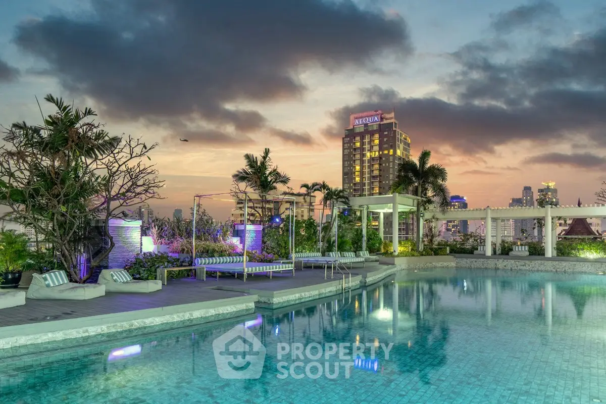 Luxurious rooftop pool with stunning city skyline view at sunset, perfect for relaxation and entertainment.