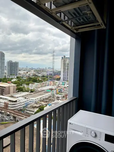 Stunning urban view from a high-rise balcony with washing machine included.