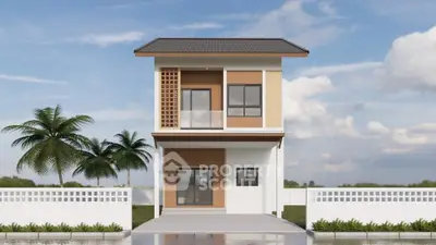 Modern two-story house with sleek design and palm trees, perfect for contemporary living.
