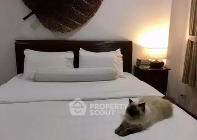 Cozy bedroom with elegant decor and a fluffy cat on the bed, perfect for relaxation.