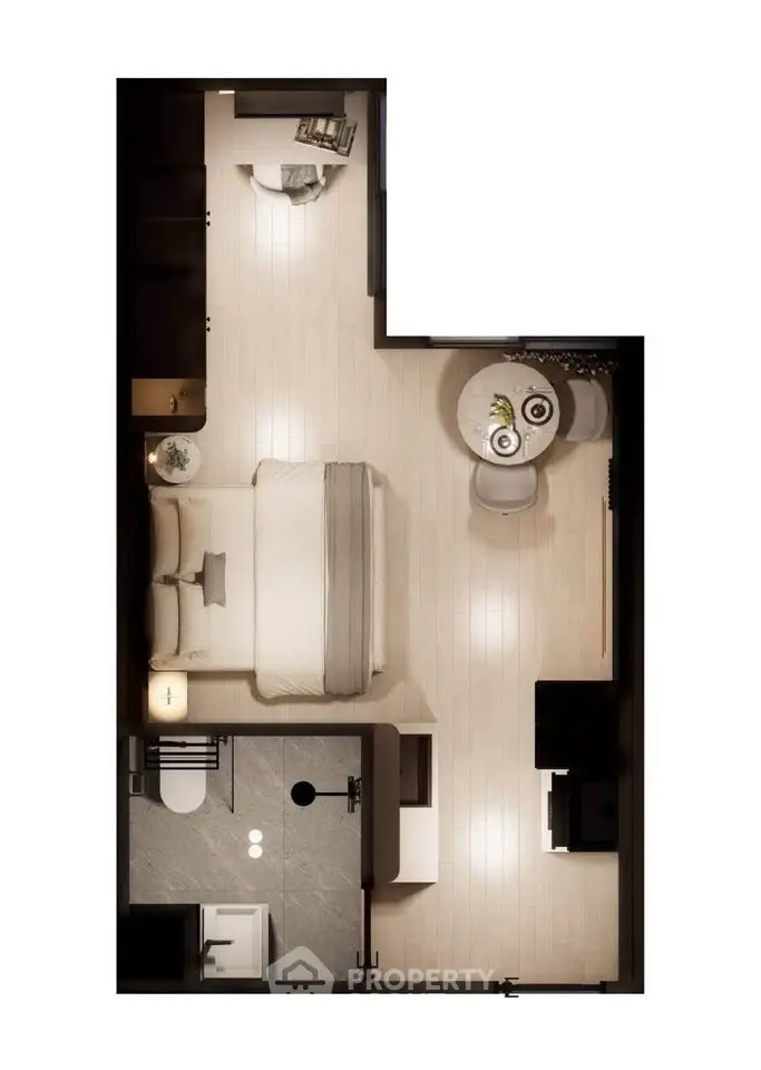 Modern studio apartment floor plan with cozy bedroom and open living area.