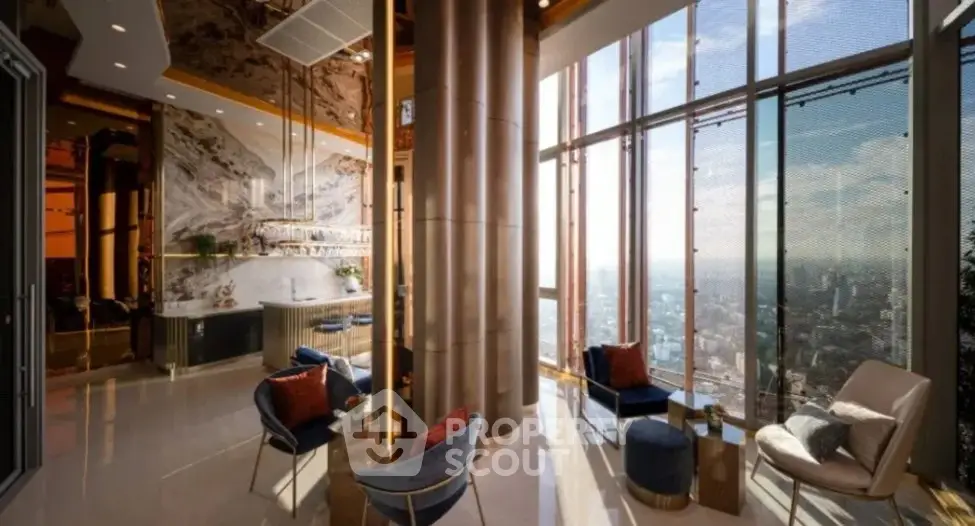 Luxurious high-rise living room with panoramic city views and elegant decor.