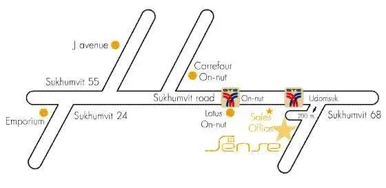 Map showing Sense Suites Offices location on Sukhumvit Road with nearby landmarks.