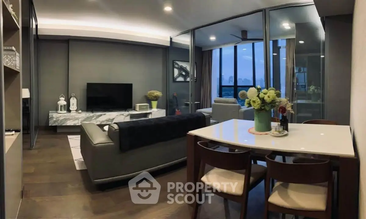 Luxurious modern living room with panoramic city view and elegant decor