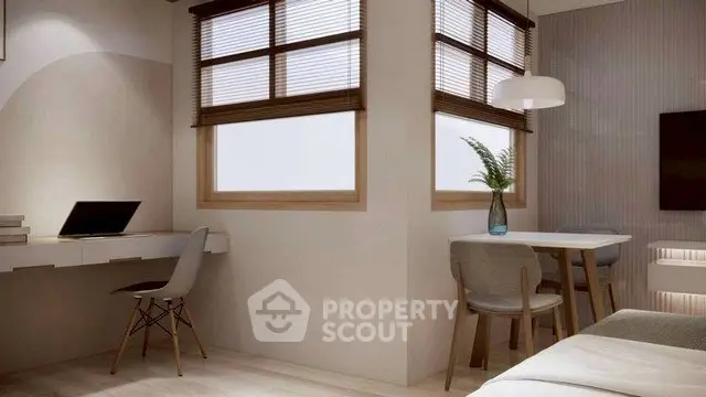 Modern study and dining area with sleek furniture and natural light