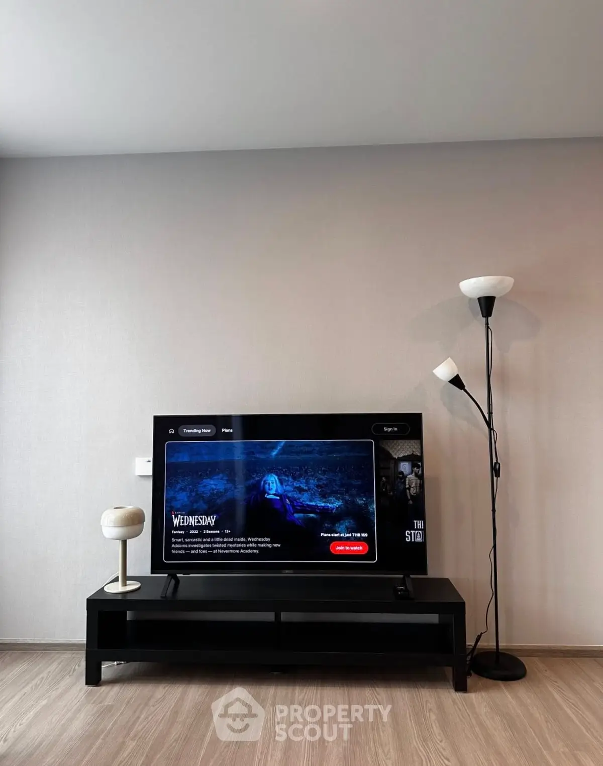 Modern living room with sleek TV stand and stylish floor lamp