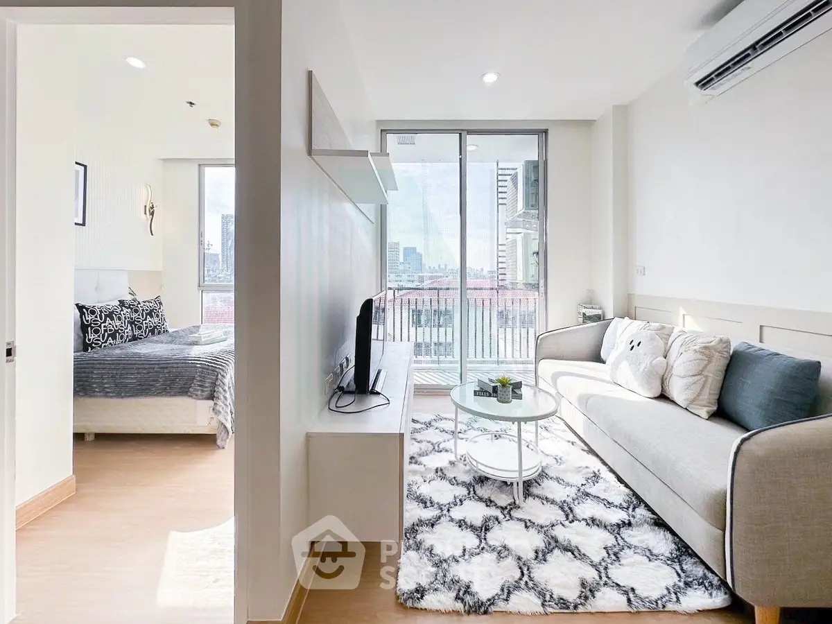 Modern living room with balcony view in a stylish apartment