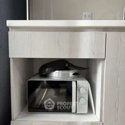 Modern kitchen with built-in microwave and sleek cabinetry