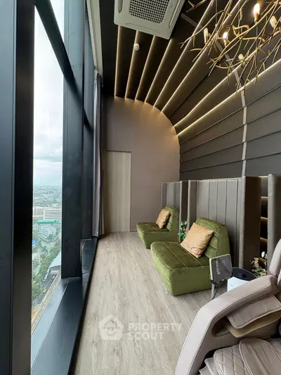 Luxurious high-rise lounge with panoramic city views and modern decor