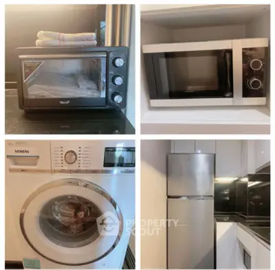 Modern kitchen appliances including oven, microwave, washing machine, and fridge in sleek kitchen.