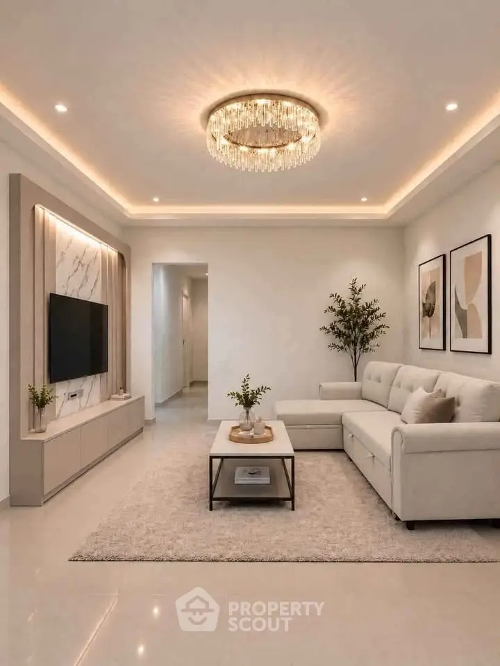 Elegant living room with modern chandelier and stylish decor