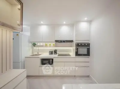 Modern kitchen with sleek white cabinetry and built-in appliances