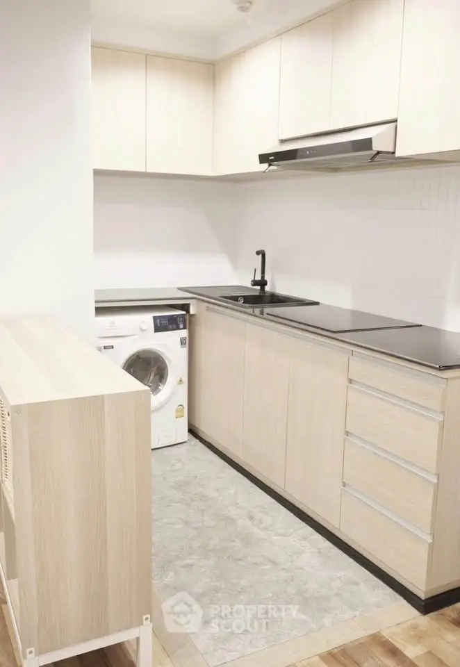 Modern kitchen with sleek cabinetry and built-in washing machine