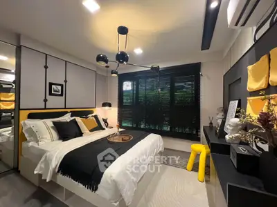 Stylish modern bedroom with chic decor and ambient lighting