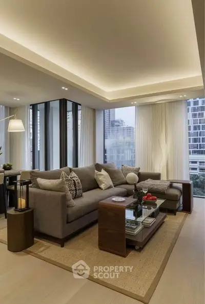 Luxurious modern living room with elegant decor and stunning city view, perfect for urban living.