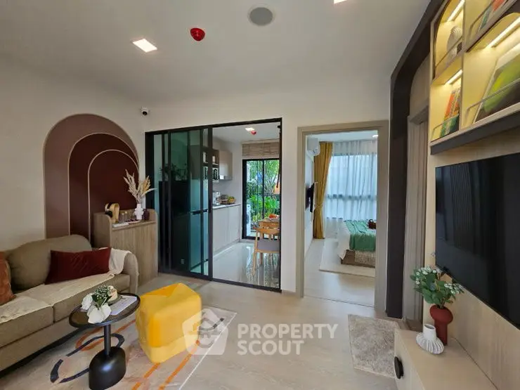 Modern open-plan living room with stylish decor and cozy ambiance