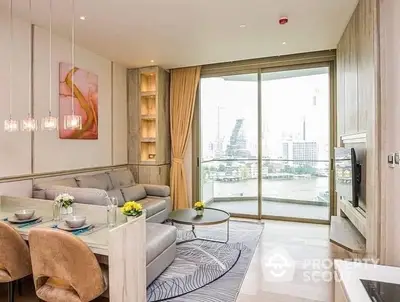 Luxurious living room with floor-to-ceiling windows offering a panoramic city view, elegantly furnished with a plush sofa set and modern dining area.