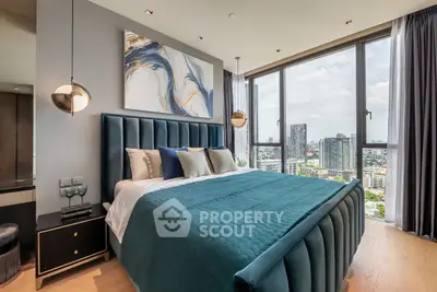 Luxurious bedroom with stunning city view and modern decor