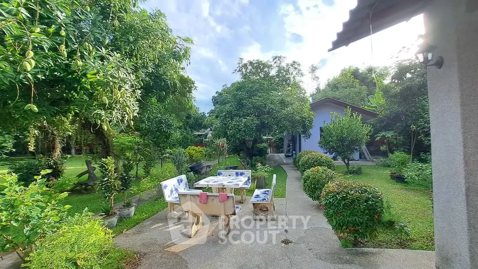 Charming garden view with lush greenery and cozy outdoor seating area